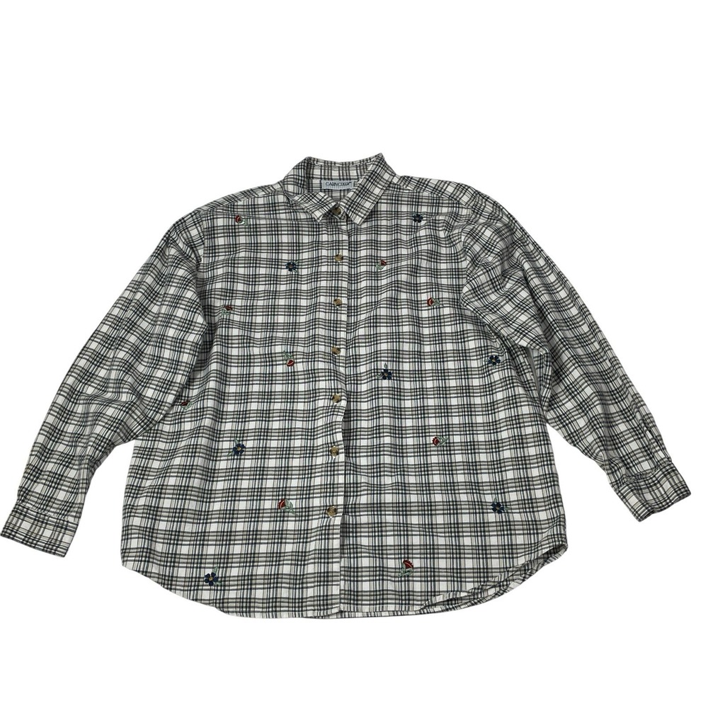 Cabin Creek Womens 18W Plaid Embroidered Button Shirt Cottagecore 100% Cotton